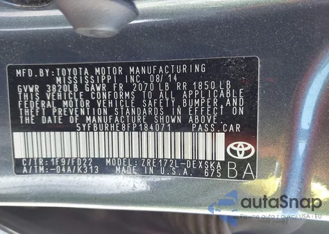 2015 Toyota Corolla L/Le/Le Pls/Prm/S/S Pls z USA, uszkodzony, nr VIN 5YFBURHE8FP184071